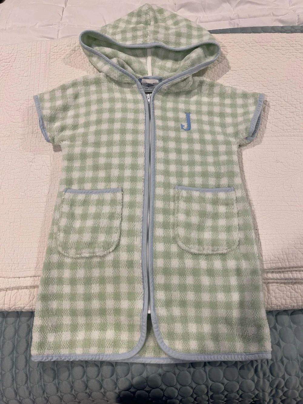 Lil Weezie Hooded Short Sleeve Terry Swim Coverup Light Green Blue Gingham J 5/6